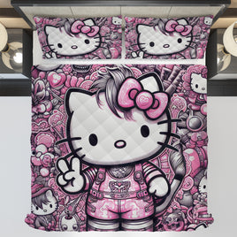 Hello Kitty bed set - Digital art quilt set 3D high quality cotton quilt & pillowcase for bedroom - Lusy Store LLC