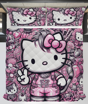 Hello Kitty bed set - Digital art quilt set 3D high quality cotton quilt & pillowcase for bedroom - Lusy Store LLC