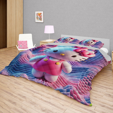 Hello Kitty bed set - Digital art quilt set cute 3D high quality cotton quilt & pillowcase - Lusy Store LLC