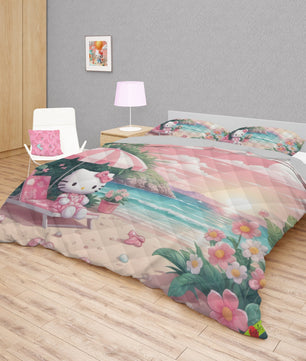 Hello Kitty bed set - Kitty on the beach quilt set 3D high quality cotton quilt & pillowcase - Lusy Store LLC