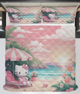 Hello Kitty bed set - Kitty on the beach quilt set 3D high quality cotton quilt & pillowcase - Lusy Store LLC