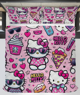 Hello Kitty bed set - Pink cool quilt set 3D high quality cotton quilt & pillowcase for bedroom - Lusy Store LLC