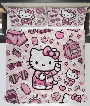 Hello Kitty bed set - Pink cute quilt set 3D high quality cotton quilt & pillowcase for bedroom - Lusy Store LLC