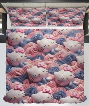 Hello Kitty bed set - Pink quilt set waves cute Kitty sleeping 3D high quality cotton quilt & pillowcase - Lusy Store LLC