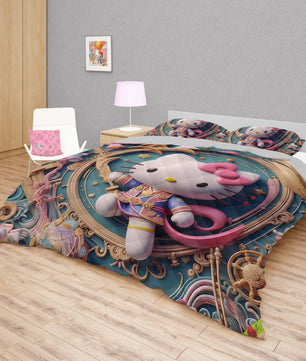 Hello Kitty bed set - Samurai quilt set art cool cute 3D high quality cotton quilt & pillowcase - Lusy Store LLC