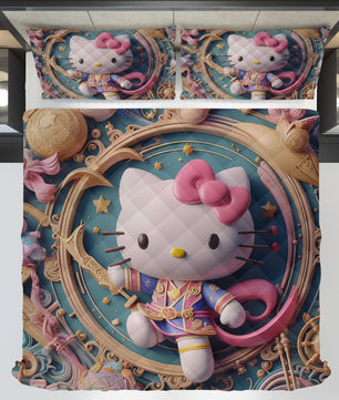 Hello Kitty bed set - Samurai quilt set art cool cute 3D high quality cotton quilt & pillowcase - Lusy Store LLC