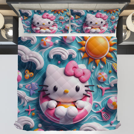 Hello Kitty bed set - Summer quilt set beach cute 3D high quality cotton quilt & pillowcase - Lusy Store LLC