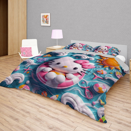 Hello Kitty bed set - Summer quilt set beach cute 3D high quality cotton quilt & pillowcase - Lusy Store LLC