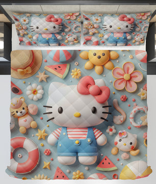 Hello Kitty bed set - Summer quilt set beach Kitty cute 3D high quality cotton quilt & pillowcase - Lusy Store LLC
