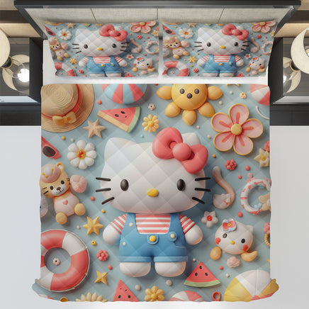 Hello Kitty bed set - Summer quilt set beach Kitty cute 3D high quality cotton quilt & pillowcase - Lusy Store LLC