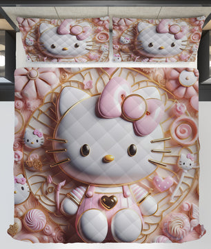 Hello Kitty bed set - Sweet quilt set luxury Kitty cute 3D high quality cotton quilt & pillowcase - Lusy Store LLC