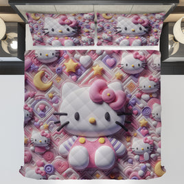 Hello Kitty bed set - Sweet quilt set pink art cute 3D high quality cotton quilt & pillowcase - Lusy Store LLC