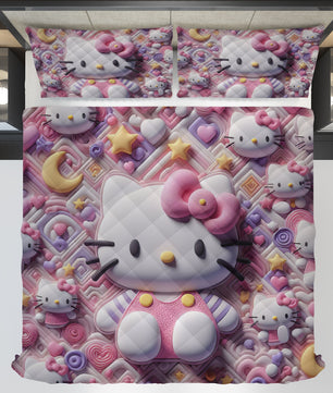 Hello Kitty bed set - Sweet quilt set pink art cute 3D high quality cotton quilt & pillowcase - Lusy Store LLC