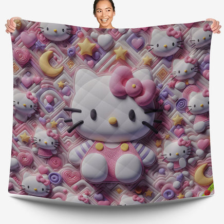 Hello Kitty bed set - Sweet quilt set pink art cute 3D high quality cotton quilt & pillowcase - Lusy Store LLC