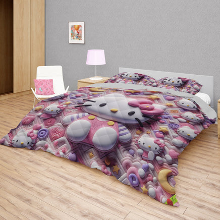 Hello Kitty bed set - Sweet quilt set pink art cute 3D high quality cotton quilt & pillowcase - Lusy Store LLC