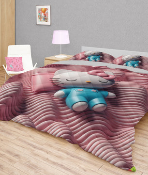 Hello Kitty bed set - Sweet quilt set pink waves cute Kitty sleeping 3D high quality cotton quilt & pillowcase - Lusy Store LLC