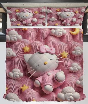 Hello Kitty bed set - Sweet quilt set pink waves cute Kitty sleeping 3D high quality cotton quilt & pillowcase - Lusy Store LLC
