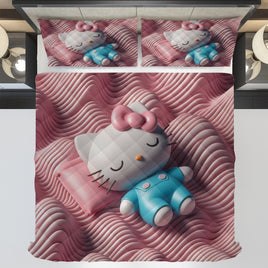 Hello Kitty bed set - Sweet quilt set pink waves cute Kitty sleeping 3D high quality cotton quilt & pillowcase - Lusy Store LLC