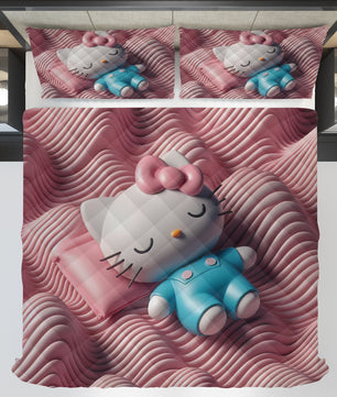 Hello Kitty bed set - Sweet quilt set pink waves cute Kitty sleeping 3D high quality cotton quilt & pillowcase - Lusy Store LLC