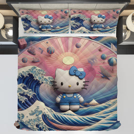 Hello Kitty bed set - Waves art quilt set cool cute 3D high quality cotton quilt & pillowcase - Lusy Store LLC