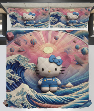 Hello Kitty bed set - Waves art quilt set cool cute 3D high quality cotton quilt & pillowcase - Lusy Store LLC