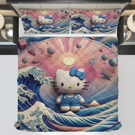 Hello Kitty bed set - Waves art quilt set cool cute 3D high quality cotton quilt & pillowcase - Lusy Store LLC