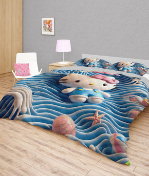 Hello Kitty bed set - Waves art quilt set cool cute 3D high quality cotton quilt & pillowcase - Lusy Store LLC