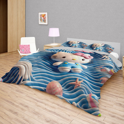 Hello Kitty bed set - Waves art quilt set cool cute 3D high quality cotton quilt & pillowcase - Lusy Store LLC