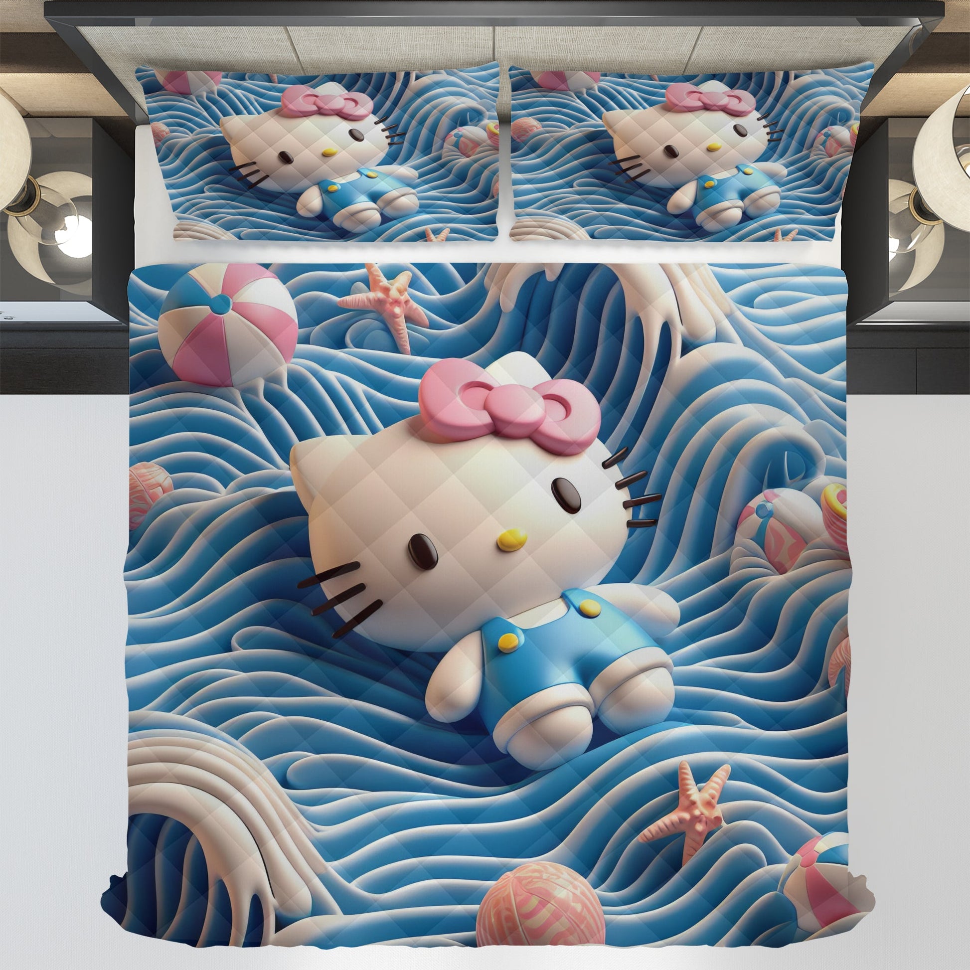 Hello Kitty bed set - Waves art quilt set cool cute 3D high quality cotton quilt & pillowcase - Lusy Store LLC