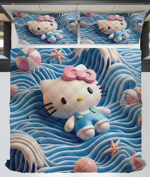 Hello Kitty bed set - Waves art quilt set cool cute 3D high quality cotton quilt & pillowcase - Lusy Store LLC