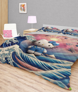 Hello Kitty bed set - Waves art quilt set cool cute 3D high quality cotton quilt & pillowcase - Lusy Store LLC