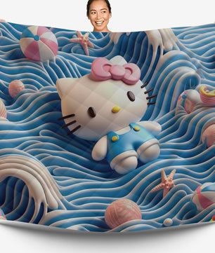 Hello Kitty bed set - Waves art quilt set cool cute 3D high quality cotton quilt & pillowcase - Lusy Store LLC
