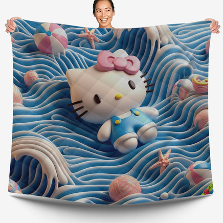 Hello Kitty bed set - Waves art quilt set cool cute 3D high quality cotton quilt & pillowcase - Lusy Store LLC
