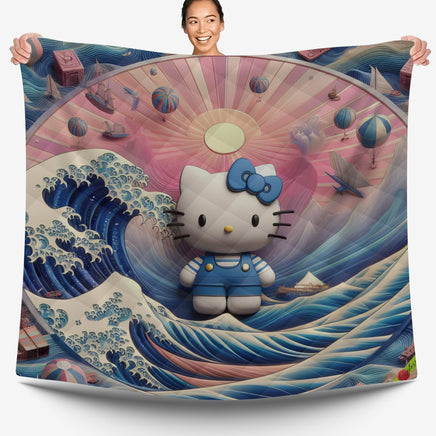 Hello Kitty bed set - Waves art quilt set cool cute 3D high quality cotton quilt & pillowcase - Lusy Store LLC