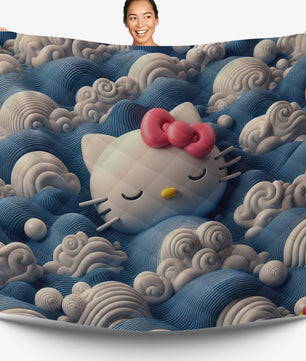 Hello Kitty bed set - Waves art quilt set cute Kitty sleeping 3D high quality cotton quilt & pillowcase - Lusy Store LLC