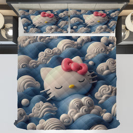 Hello Kitty bed set - Waves art quilt set cute Kitty sleeping 3D high quality cotton quilt & pillowcase - Lusy Store LLC