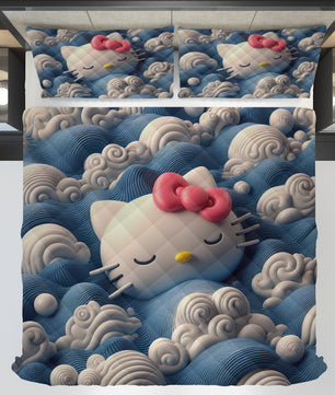 Hello Kitty bed set - Waves art quilt set cute Kitty sleeping 3D high quality cotton quilt & pillowcase - Lusy Store LLC