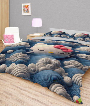 Hello Kitty bed set - Waves art quilt set cute Kitty sleeping 3D high quality cotton quilt & pillowcase - Lusy Store LLC