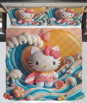 Hello Kitty bed set - Waves summer quilt set art cute 3D high quality cotton quilt & pillowcase - Lusy Store LLC