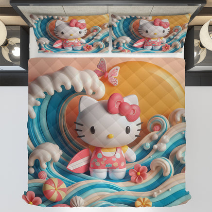 Hello Kitty bed set - Waves summer quilt set art cute 3D high quality cotton quilt & pillowcase - Lusy Store LLC