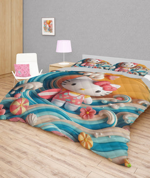 Hello Kitty bed set - Waves summer quilt set art cute 3D high quality cotton quilt & pillowcase - Lusy Store LLC