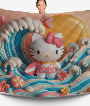 Hello Kitty bed set - Waves summer quilt set art cute 3D high quality cotton quilt & pillowcase - Lusy Store LLC