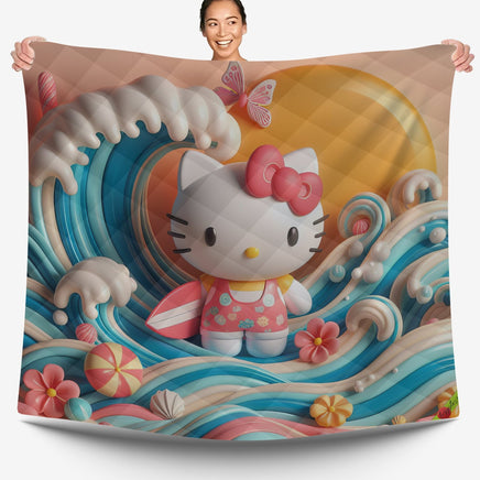 Hello Kitty bed set - Waves summer quilt set art cute 3D high quality cotton quilt & pillowcase - Lusy Store LLC