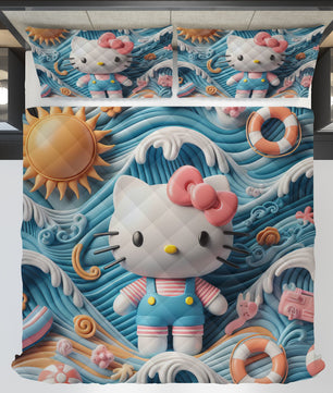 Hello Kitty bed set - Waves summer quilt set art cute 3D high quality cotton quilt & pillowcase - Lusy Store LLC