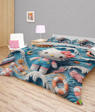 Hello Kitty bed set - Waves summer quilt set art cute 3D high quality cotton quilt & pillowcase - Lusy Store LLC