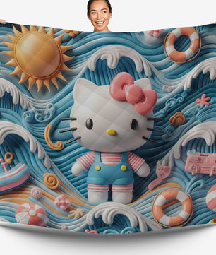 Hello Kitty bed set - Waves summer quilt set art cute 3D high quality cotton quilt & pillowcase - Lusy Store LLC