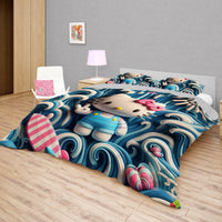 Hello Kitty bedding - Blue bedding set cute waves 3D high quality linen fabric duvet cover & pillowcase - Lusy Store LLC