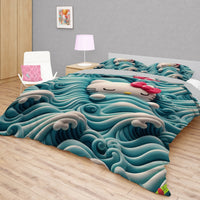 Hello Kitty bedding - Blue bedding set waves cute Kitty sleeping 3D high quality linen fabric duvet cover & pillowcase - Lusy Store LLC