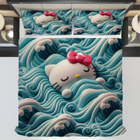 Hello Kitty bedding - Blue bedding set waves cute Kitty sleeping 3D high quality linen fabric duvet cover & pillowcase - Lusy Store LLC