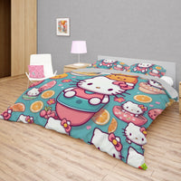 Hello Kitty bedding - Cute summer bedding set high quality linen fabric duvet cover & pillowcase Bedding Set + Flat Sheet (4pcs)